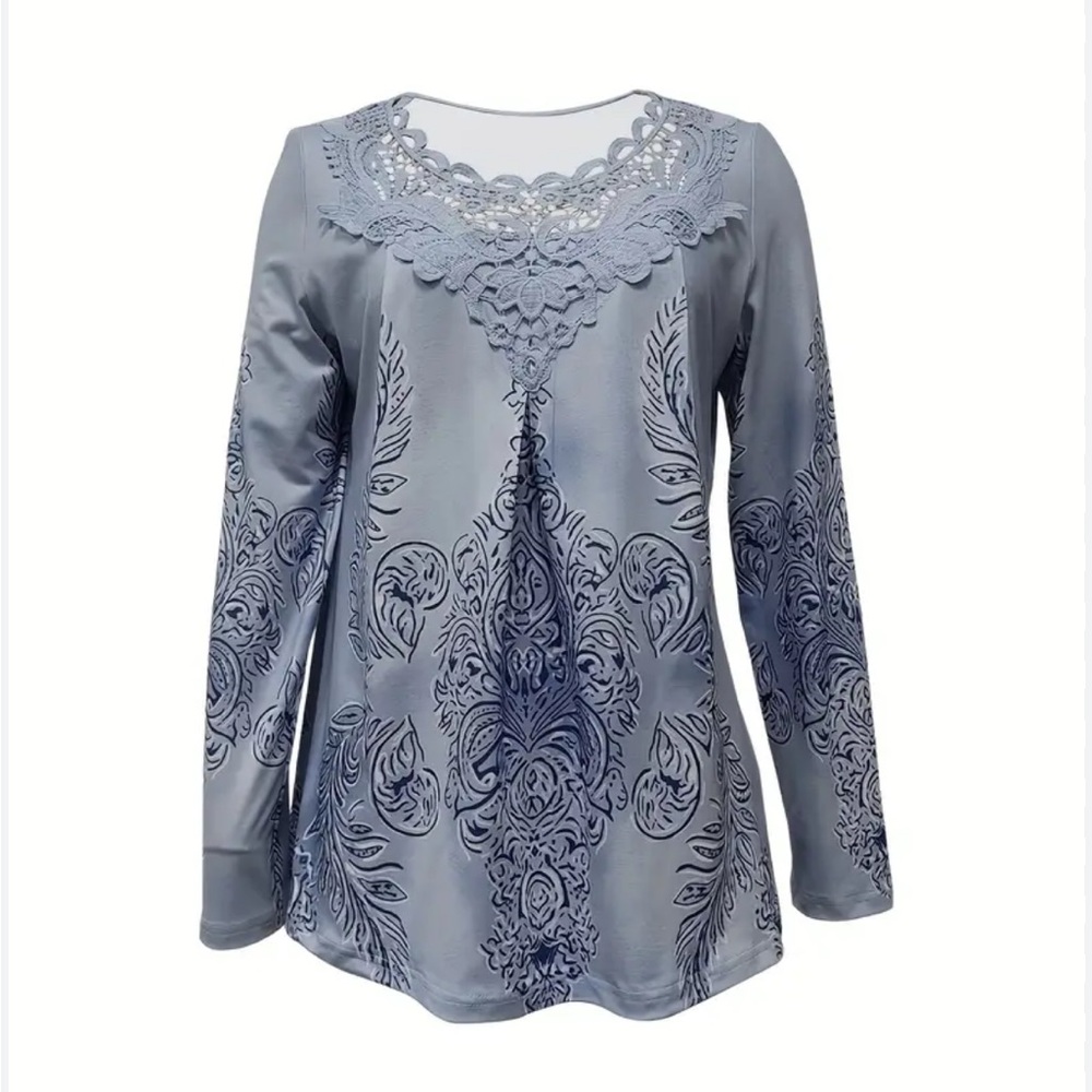Women’s Lace Applique Printed Long Sleeve Shirt Top Blue